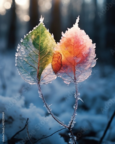 two elm leaves frozen in the forest, one brown and the other green