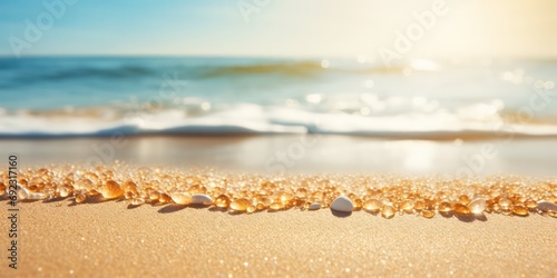 Golden sand meets the tranquil blue sea, creating a summery beach backdrop with sunlights shimmering and creating a defocused effect