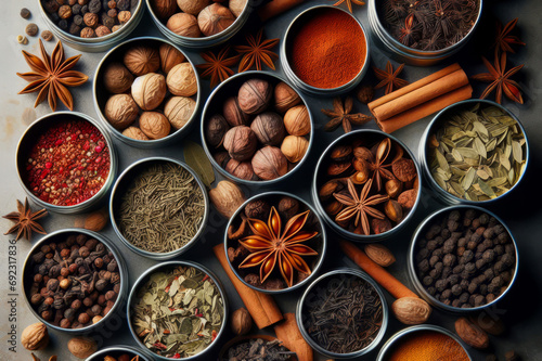 Assorted Indian chai spices stored in metallic tins. Top view