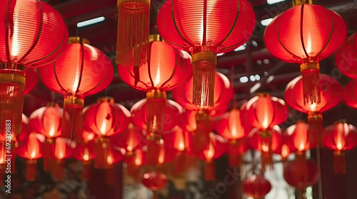 Red lanterns hanging from the ceiling. Perfect for Chinese New Year, Asian restaurant decor, cultural events, or festive atmosphere in interior design. Creates a warm and inviting ambiance.