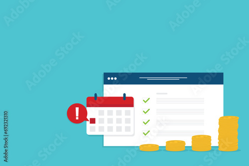 Money payment date schedule or agenda in calendar. Tasks list and cash schedule alert notification, idea of tax or credit loan pay time, budget or financial plan. Vector illustration