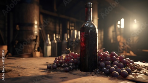 Red wine bottle and grapes with rustic sunlight background