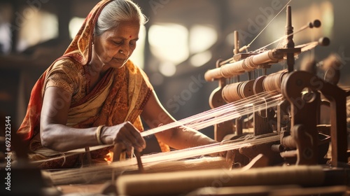 Mature woman weaver uses a loom to make a hand woven maheshwari sari