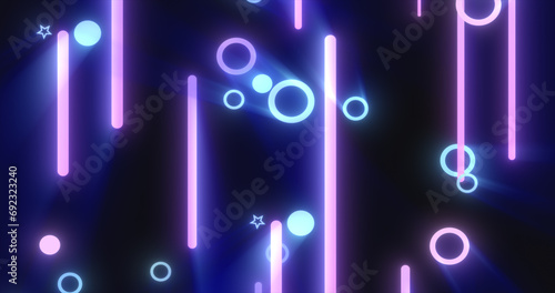 Blue purple glowing geometric abstract background pattern of flying lines and circles