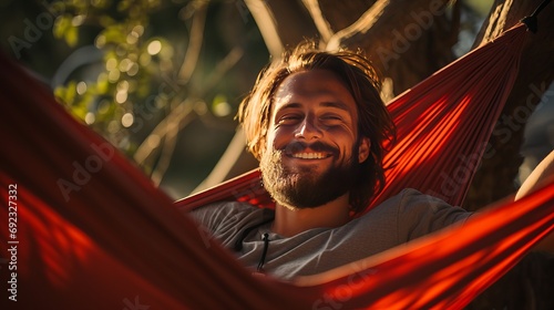 On a warm summer day, there is a bearded man lounging in a hammock.