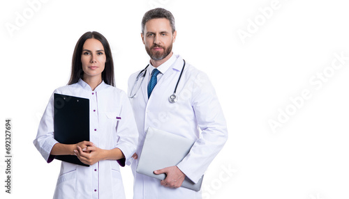 healthcare and medicine. Medicine doctor hold clipboard. medical and healthcare workers in hospital isolated on white. two doctors internist in medicine service. Health insurance. doctor clipboard