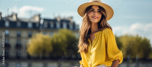 Stylish solo tourist woman sightseeing in Paris, France, wearing a yellow blouse and hat.