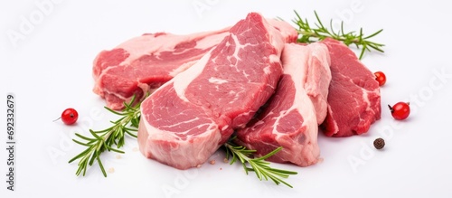 Raw lamb or mutton fillet for cooking, along with cow meat steaks.