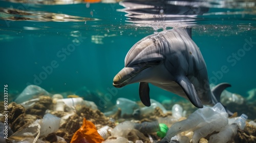 Close up of a dolphin swimming in a sea of plastic waste