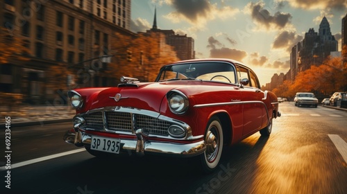Beautiful retro red car driving along the highway in a big city, car sales concept