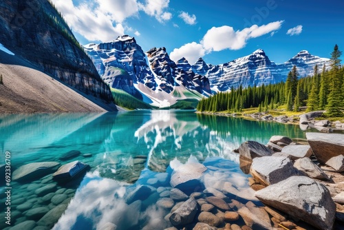 Reflective Serenity: A Majestic Mountain Lake Embraced by Snowy Peaks and Evergreen Forests,A serene mountain lake surrounded by towering snow-capped peaks and lush evergreen forests. 