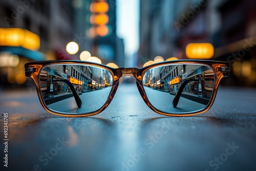Eyeglasses on table, progressive lenses, eyeglasses for the elderly, glasses progressive lens, eyeglass progressive lens, close-up of glasses on blur background, looking through glasses