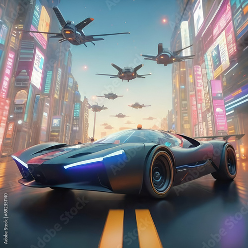 Stealthy Bandits Navigate Futuristic City's Skyline, Outsmarting Advanced Security in Flying Cars for a Daring Airborne Caper of Tomorrow's Intricacies.ai generated image