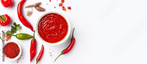 Top view of red chili peppers and chili sauce.