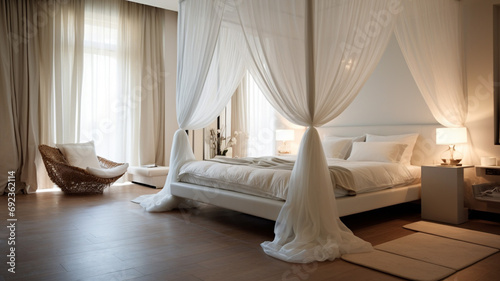 Large bed in room with long white luxury curtains