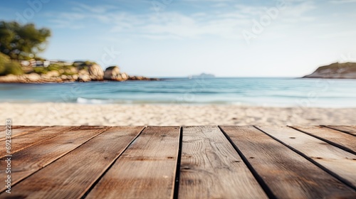 Empty Wooden Planks with Beach and Sea in Background