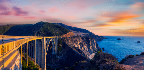 Bixby Bridge ,Rocky Creek Bridge, and Pacific Coast Highway at sunset near Big Sur in California, USA
