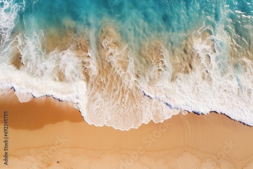 aerial drone view of a crystal clear water and a sand beach AI generated
