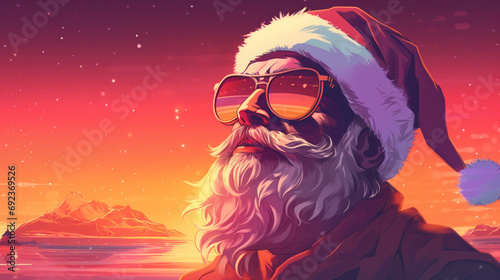 Portrait illustration of Santa Claus with sunset orange and purple colors wearing sunglasses and Christmas hat