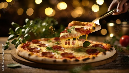 Pizza de calabresa sobre uma mesa de madeira rústica com luzes ao fundo