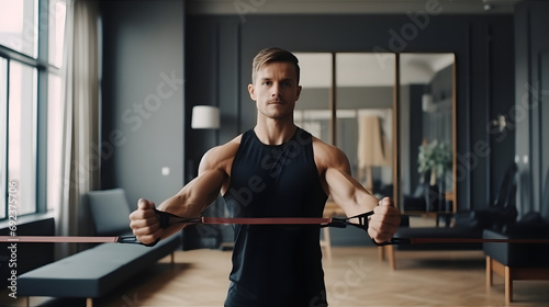 Resistance band exercise at home. Woman doing pilates workout using elastic strap pulling with arms for shoulder training on yoga mat indoors. Generative AI.