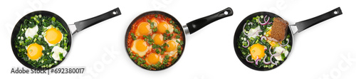 Delicious shakshuka in frying pans isolated on white, top view