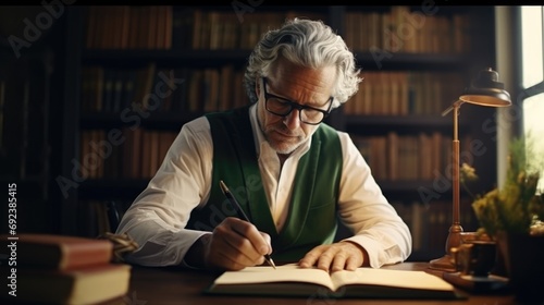 Mature middle aged caucasian man with silver hair and glasses writing with a pen in a notebook sitting in the home office library. professional creative writer or a private detective investigator