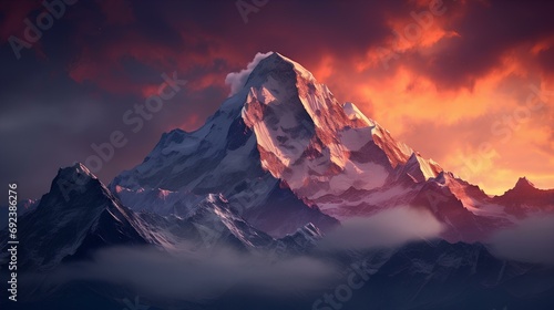 a fantastical landscape of the sunset rising in front of a snow-covered mountain. generative AI