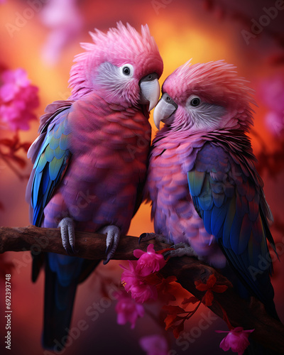 Pink and Purple Parrots Sitting on a Branch with Flowers in the Background
