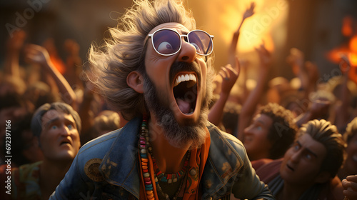 Hippie man with glasses and beard with ecstatic shouting at a vibrant music festival or concert audience