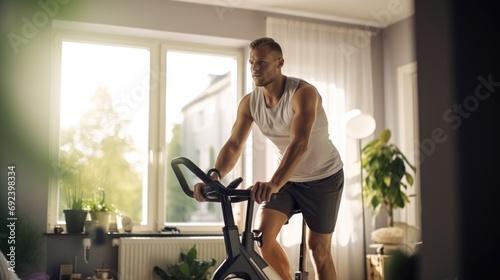 Young man during a hard workout on a smart exercise bike in a bright room. A scientific approach to training for maximum performance