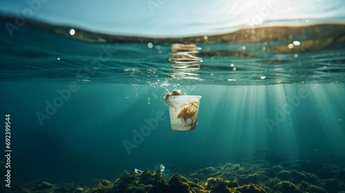 Plastic cup floating underwater in the ocean sea pol