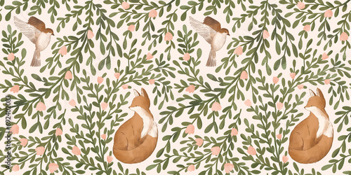 Woodland seamless pattern with floral and animals. Forest pattern with fox and sparrow. 