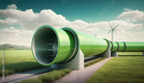 A hydrogen pipeline with wind turbines and in the background. Green hydrogen production concept. Generative AI