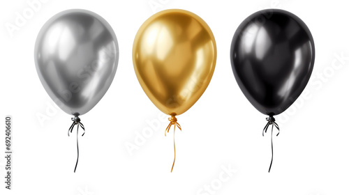 set of helium balloons (gold, black, silver) with ribbon isolated on white background