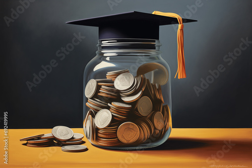 Cost of education concept - graduate hat on glass jar of with coins. Scholarship concept