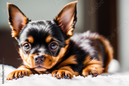 Funny English Toy Terrier dog in the autumn park. Black and brown color. Generative AI