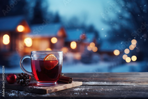 Christmas mulled red wine with spices and fruits on a wooden rustic table.
