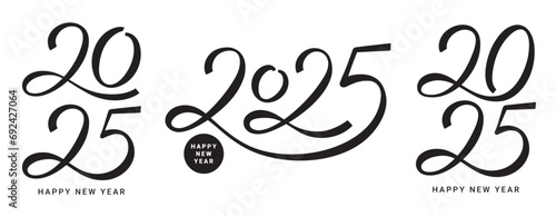 Set of Happy New Year 2025 lettering logos. Vector illustration with black numbers 2025 isolated on white background. New Year holiday logos template. Collection of 2025 happy new year symbols.