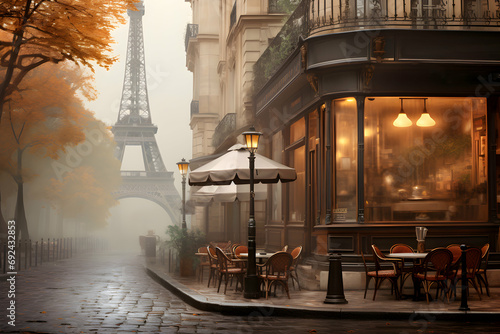 Early foggy morning on a fictional street in Paris