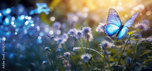 A butterfly flies around in a blue flowering meadow in spring.