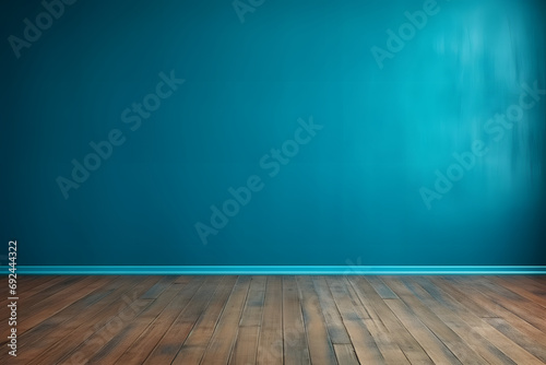 Turquoise Elegance - Blue Empty Wall with Wooden Floor" - Generative AI