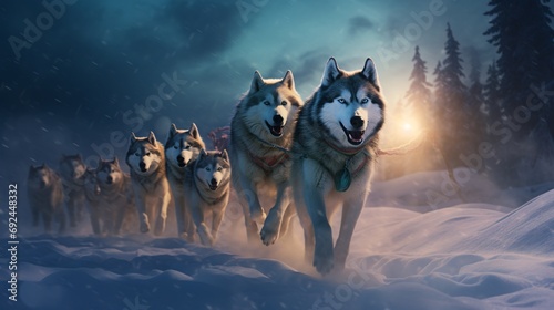A group of robust sled dogs racing on a wintry forest trail in the Canadian Arctic under the northern lights and moonlight.