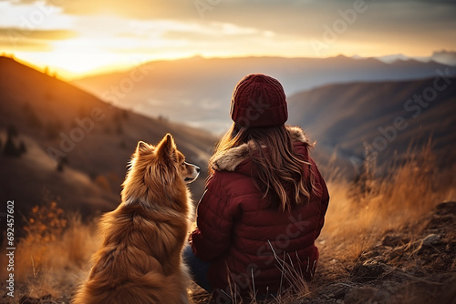woman with border collie dog sitting on mountain top landscape slow travel and freedom concept