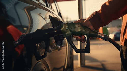 Man's hand grips a gasoline fuel nozzle, refuels his car with precision and care, essential connection between humans and their vehicles, ensuring they are powered and ready to embark on new journeys