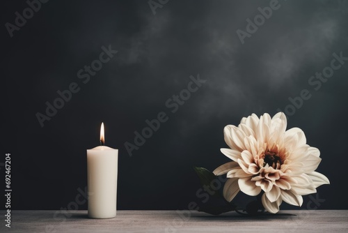 mourning card with white flower and candle on dark background