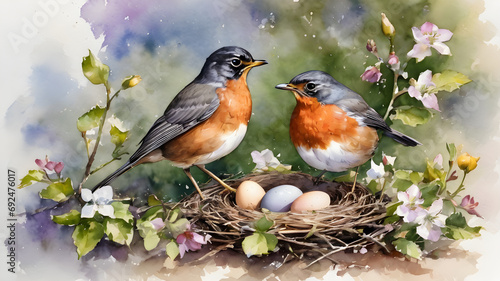  Watercolor illustration of a robin and a nest with eggs in spring.Generative AI.