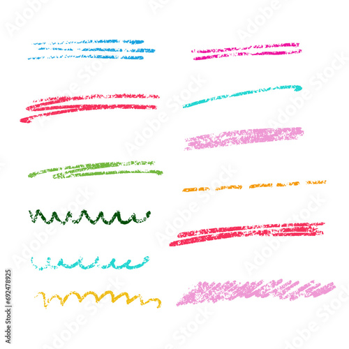 Multi colored crayon strokes scribble set. Childish charcoal pencil drawing. Doodles and curved lines, straight thin strokes. Colorful pencil sketchy lines. Grungy smears and rough vector design.