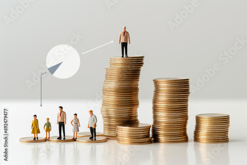 Concept of a businessman standing on a high stack of coins. Income level. Economic inequality