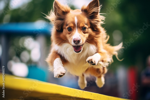 Dog agility competition or training. Dog participating in agility training, overcoming obstacles and showcasing their athleticism